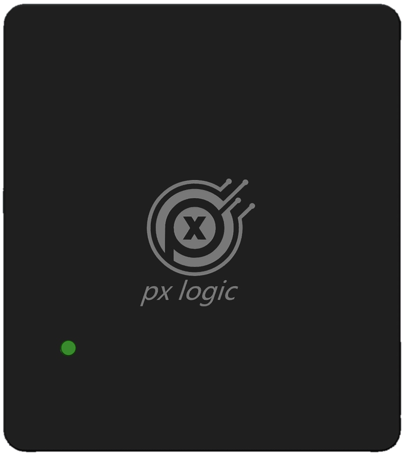 PX-Logic 正视图：铝合金外壳与镭雕 PXLogic Logo